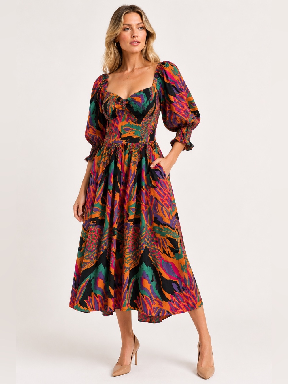 House of Harlow 1960 Meadow Pink Print Puff Sleeve Midi Dress Medium